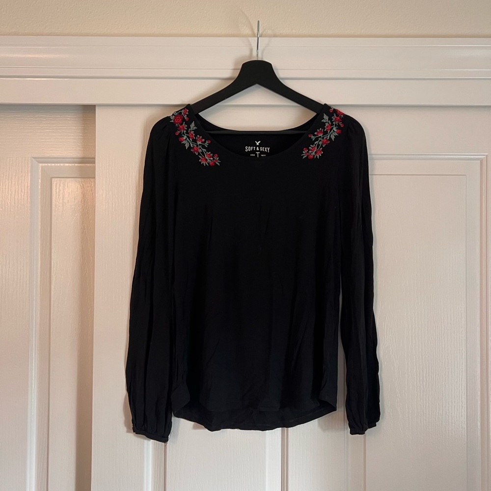 American Eagle Outfitters Black Blouse with Red Embroidery